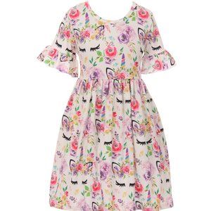 Little Girl Kids Ruffle Sleeve Unicorn Floral Easter Flower Girl Dress Purple